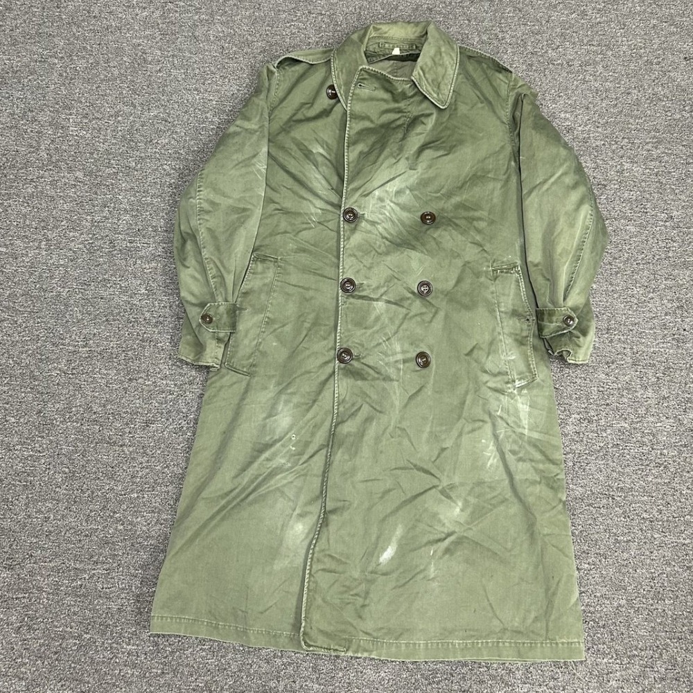 Vintage Military Trench Coat Mens M Olive Green Distressed Double Breasted Coat